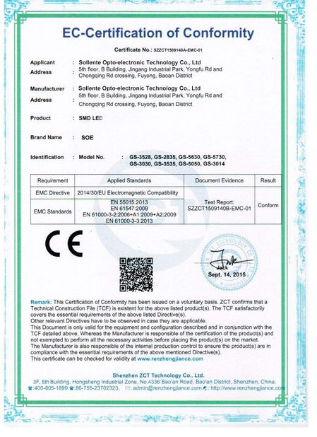 Trung Quốc Sollente Opto-Electronic Technology Co., Ltd Chứng chỉ